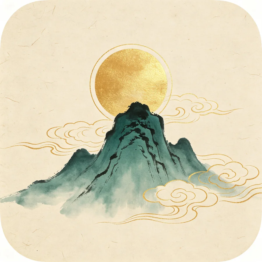 浮生问道主视觉：水墨山峦与鎏金日轮